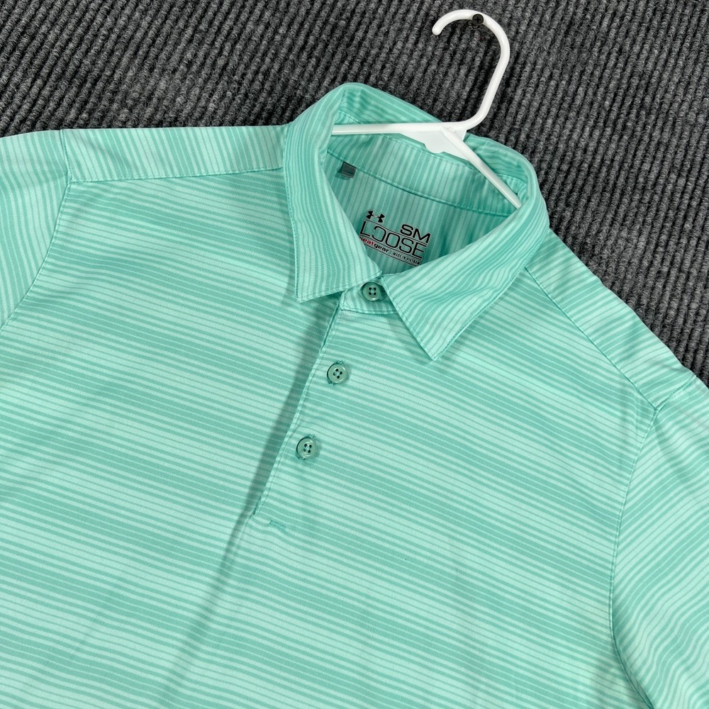 Under Armour Polo Shirt Mens Small Green Striped Short Sleeve Loose Fit Heat